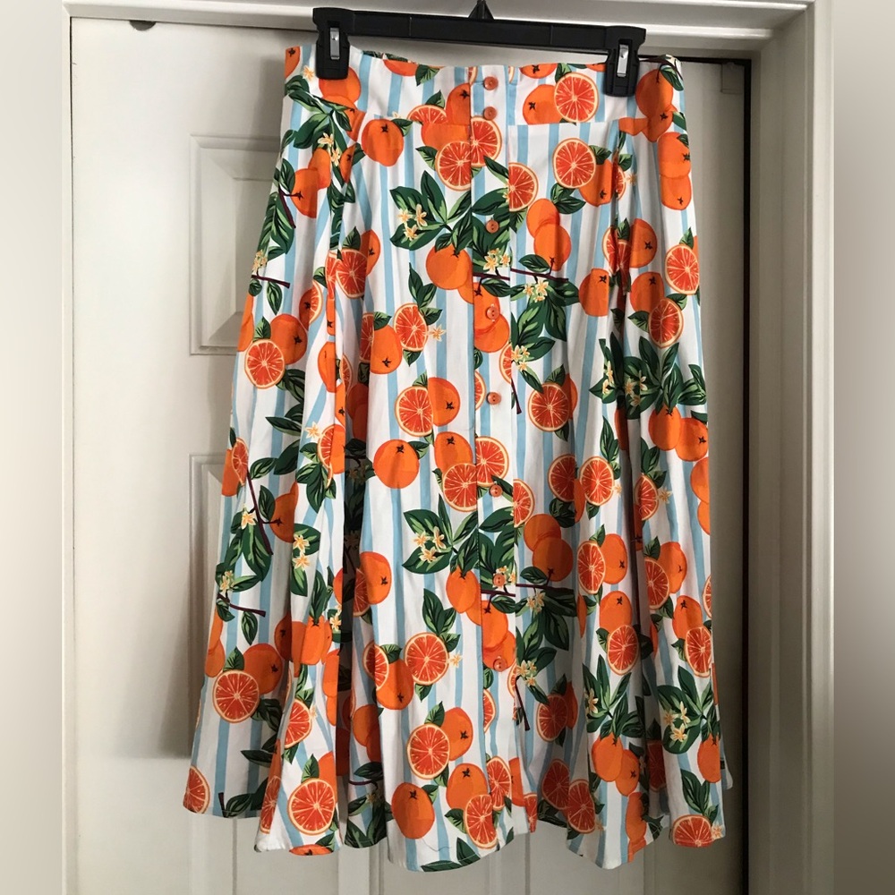 A-Line Orange Print Midi Skirt - White/Orange